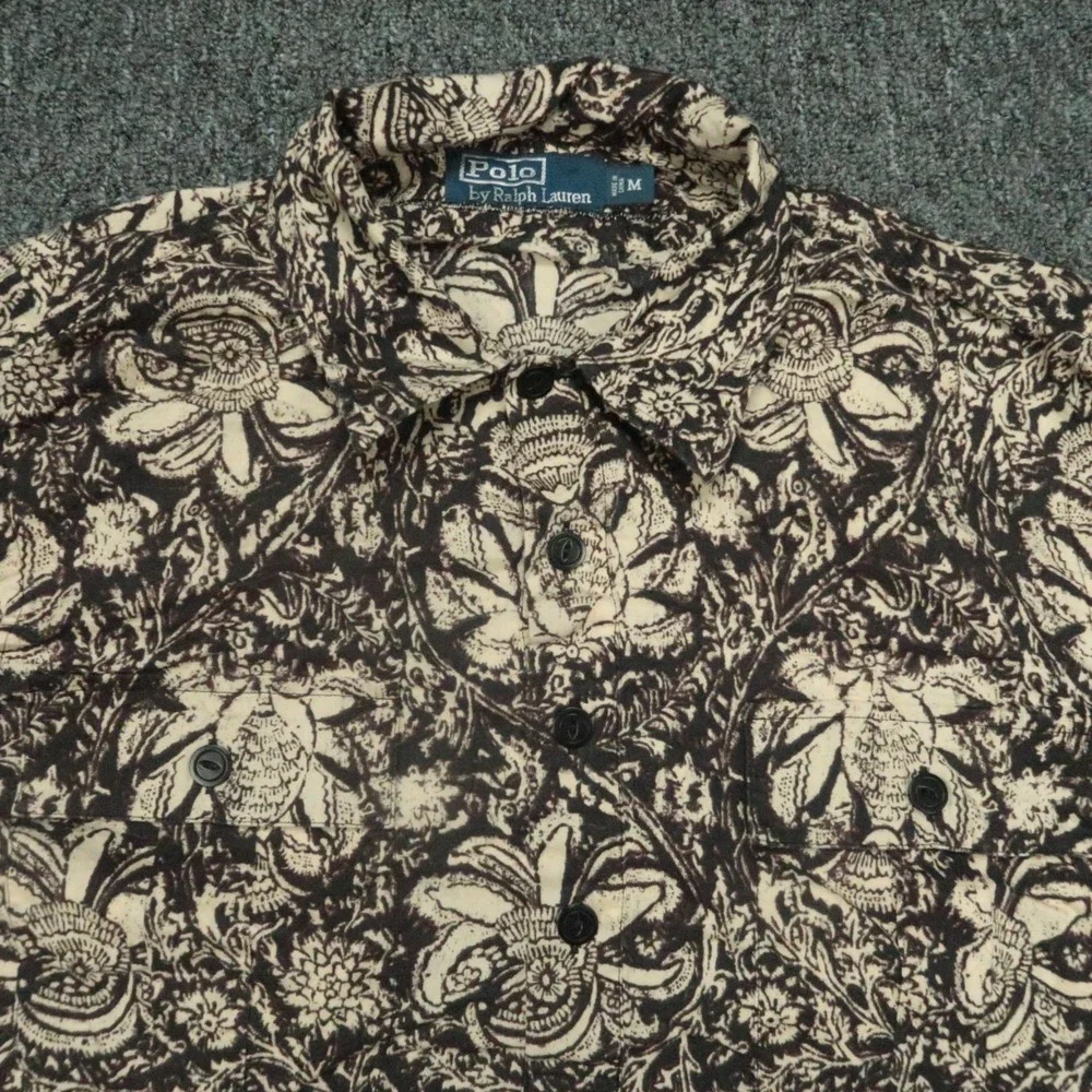 Polo‎ Ralph Lauren Shirt Mens Medium Brown Floral Fish Long Sleeve Popover VTG